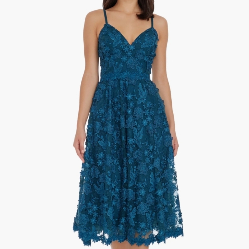 Dress The Population Floral Fit & Flare Blue Tahani Midi Dress